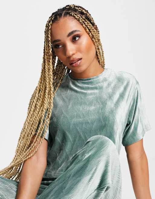 ASOS DESIGN - Mix & Match - T-shirt confort plissé en velours - Sauge, 4 de 4