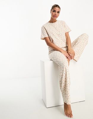 ASOS DESIGN - Mix & Match - T-shirt de pyjama à petites fleurs et imprimé animal - Crème | ASOS