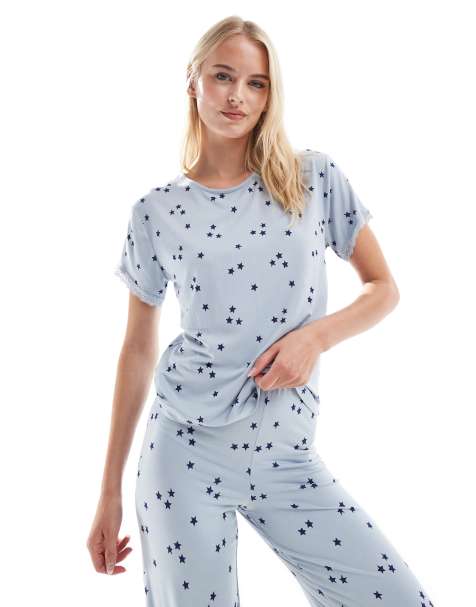 ASOS DESIGN - Mix & Match - T-shirt de pyjama ultra doux avec bordure en dentelle et imprimé étoiles - Bleu - view 1
