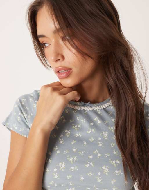 ASOS DESIGN - Mix & Match - T-shirt del pigiama mini blu con stampa a fiorellini, 3 di 4