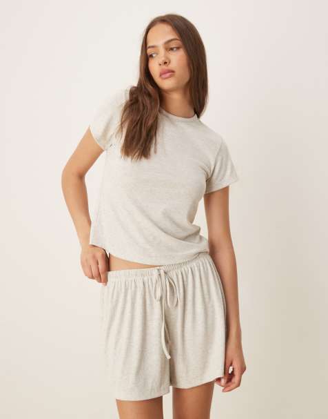 ASOS DESIGN - Mix & Match - T-shirt del pigiama oversize beige a coste con spacco laterale - view 1