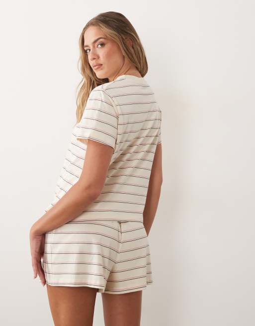 ASOS DESIGN - Mix & Match - T-shirt del pigiama oversize in cotone crema a righe con spacchi laterali, 4 di 4