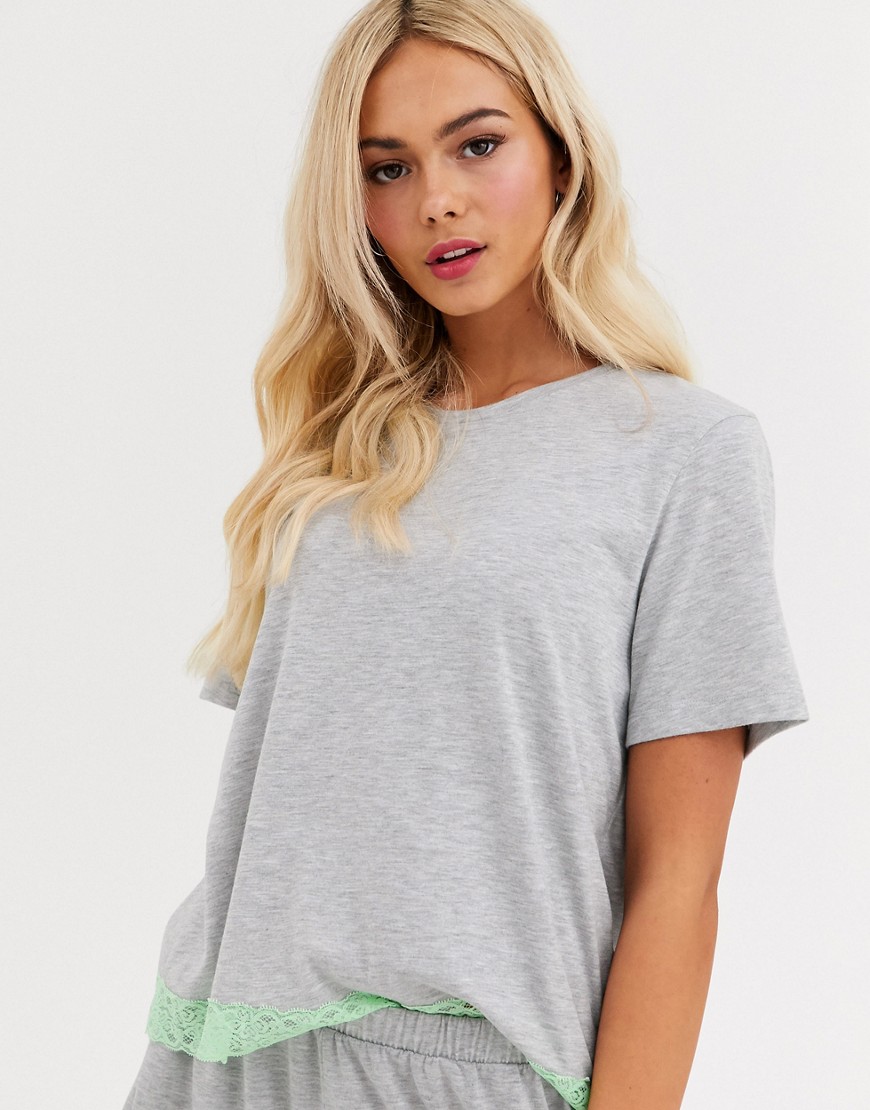 ASOS DESIGN - mix & match - t-shirt i jersey med neonfarvet blondesøm-Grå