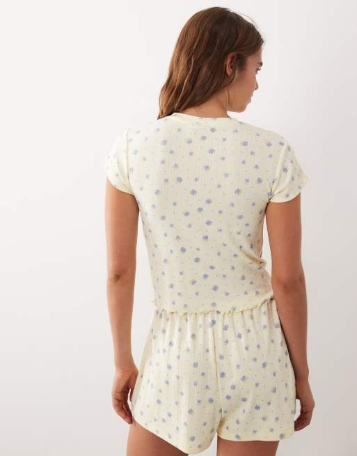 ASOS DESIGN - Mix & Match - T-shirt mini del pigiama traforata con stampa a fiorellini blu e latticello, 3 di 4