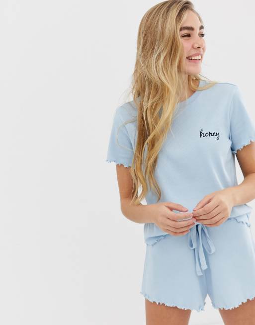 ASOS DESIGN - Mix & Match - Pigiama a coste T-shirt con ricamo "honey" e pantaloncini, 2 di 3