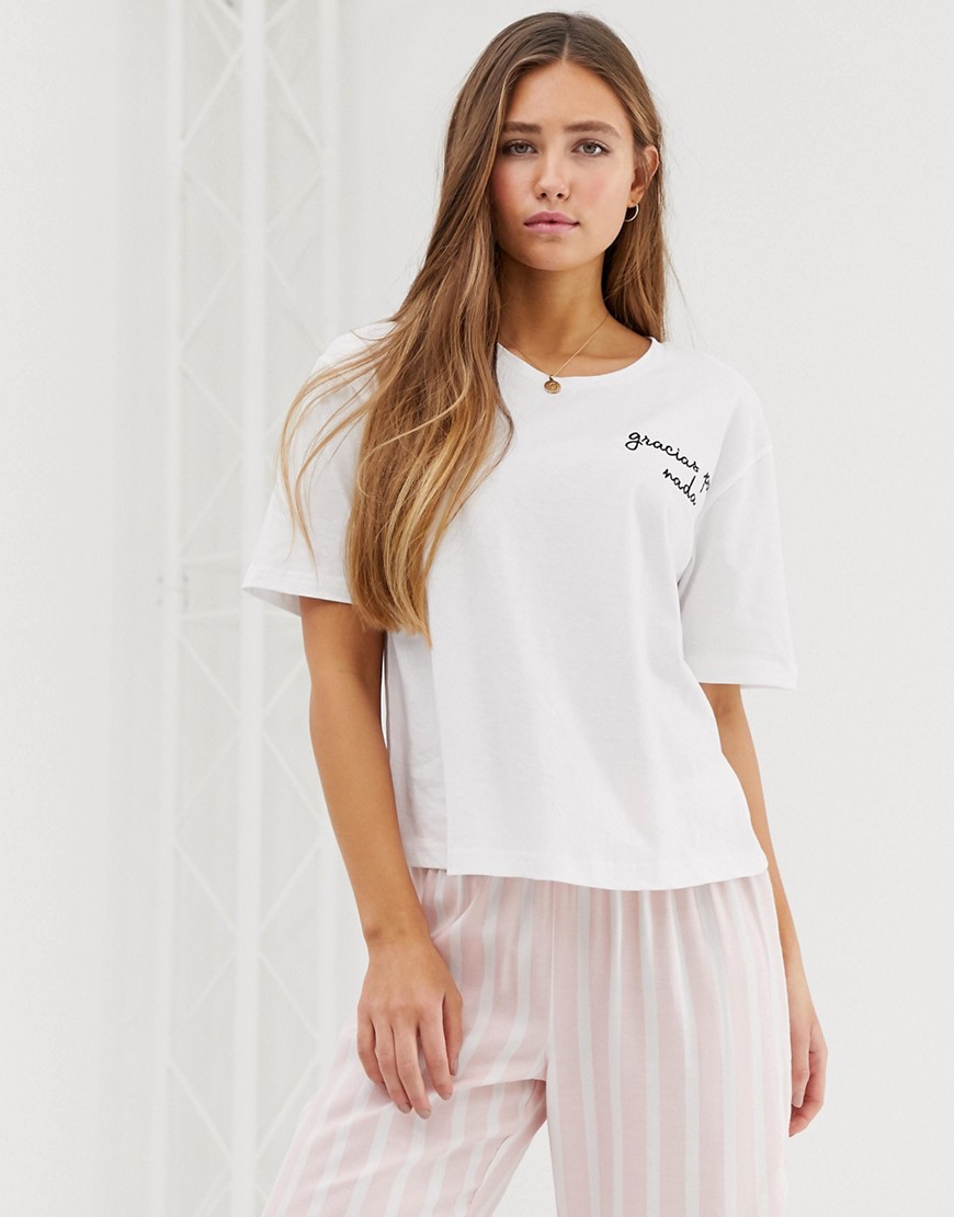 ASOS DESIGN - Mix & Match - T-shirt ricamata del pigiama a righe-Rosa
