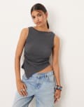 [ASOS DESIGN] ASOS DESIGN Mix & Match textured asymmetric ruched waist top in navy-Black L Navy