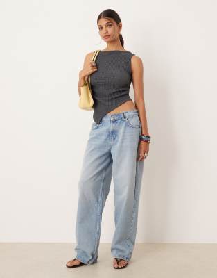 Asos Design Mix & Match Textured Asymmetric Ruched Waist Top In Gray