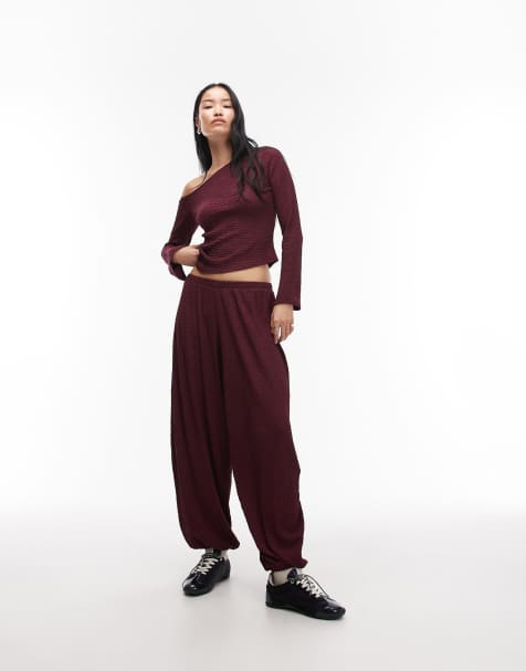 ASOS DESIGN mix & match textured balloon leg trouser in berry - view 1