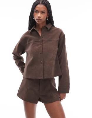 Asos Design Mix & Match Textured Leather Look Micro Shorts With Seam Detailing In Brown