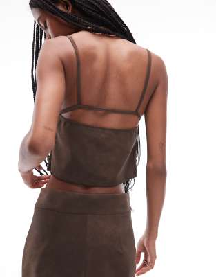 Asos Design Mix & Match Textured Leather Look Open Back Crop Top In Brown