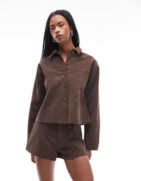 ASOS DESIGN mix & match textured leather look oversized shirt in chocolate - BROWN - view 1
