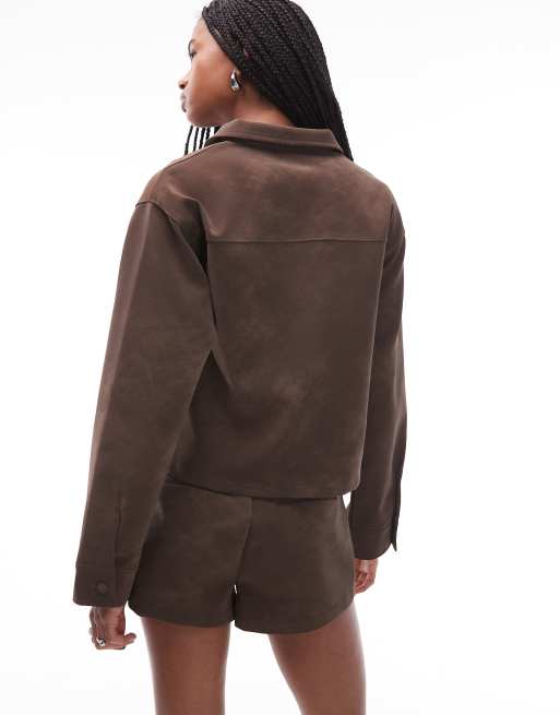 ASOS DESIGN mix & match textured leather look oversized shirt in chocolate, 4 of 4