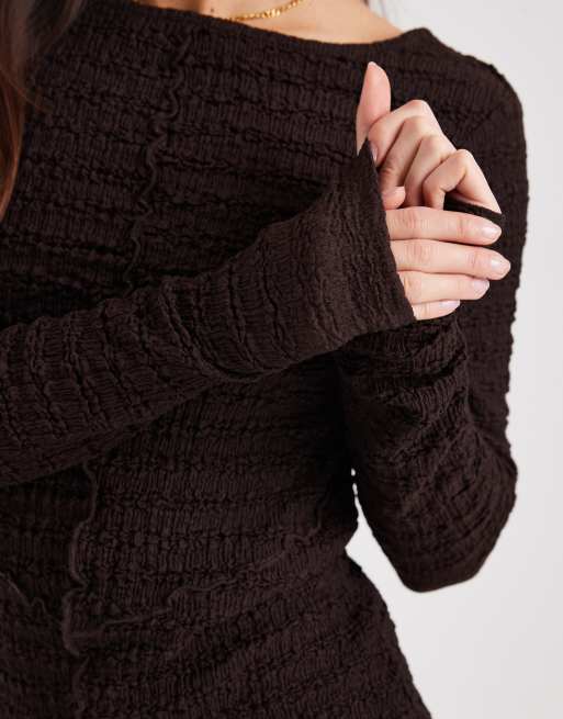 ASOS DESIGN mix & match textured long sleeve top with seam detail and scoop back in chocolate , 3 of 4