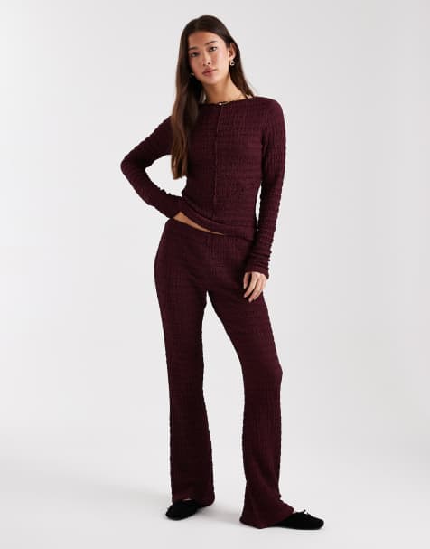 ASOS DESIGN mix & match textured seam detail scoop back long sleeve top and wide leg trousers in burgundy - view 1