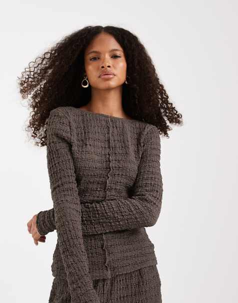 ASOS DESIGN mix & match  textured seam detail scoop back long sleeve top in grey - view 1