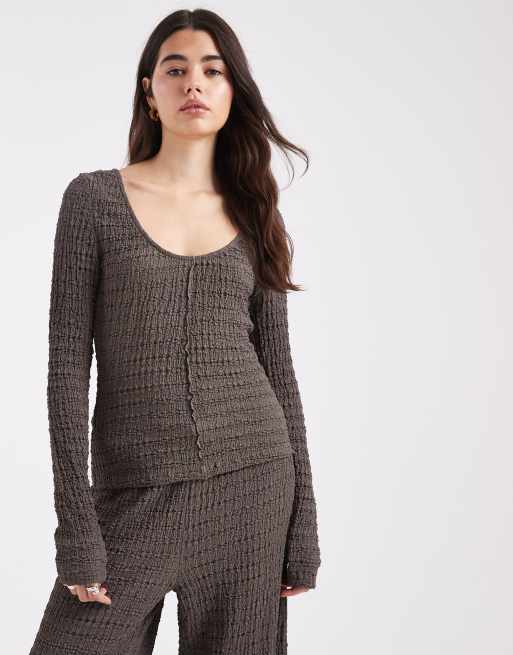 ASOS DESIGN mix & match  textured seam detail scoop back long sleeve top in grey