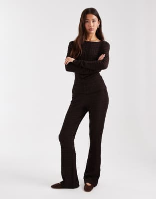 Asos Design Mix & Match Textured Seam Detailing Scoop Back Long Sleeve Top In Brown