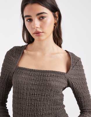 Asos Design Mix & Match Textured Square Neck Flare Sleeve Top In Gray