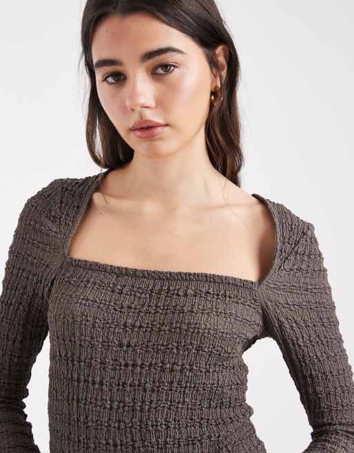 ASOS DESIGN mix & match textured square neck flare sleeve top in dark gray , 2 of 4