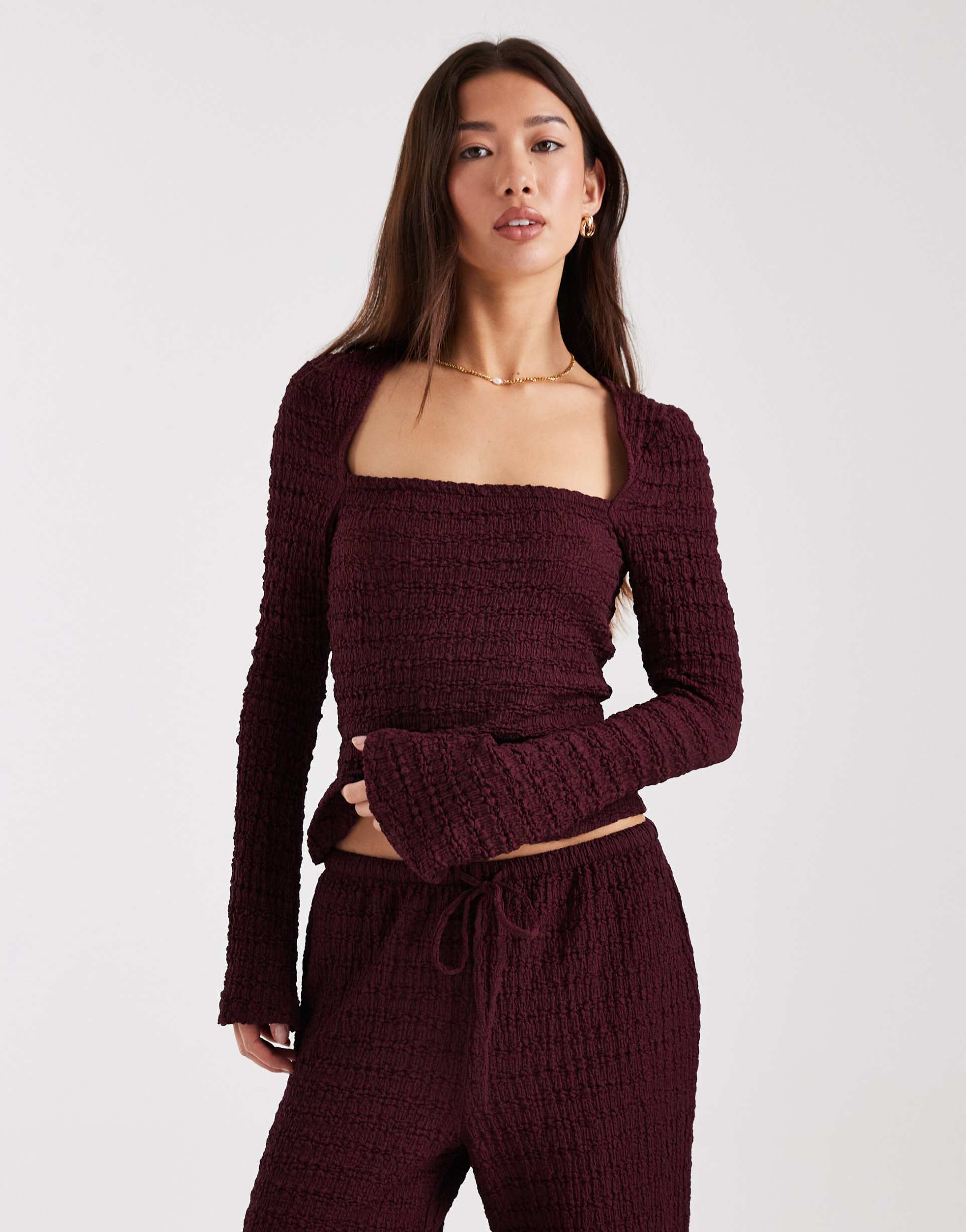 asos design mix & match textured square neck flared sleeve top in burgundy