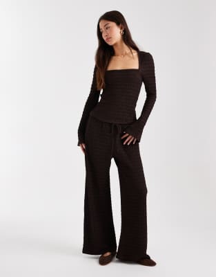 Asos Design Mix & Match Textured Square Neck Flared Sleeve Top In Brown