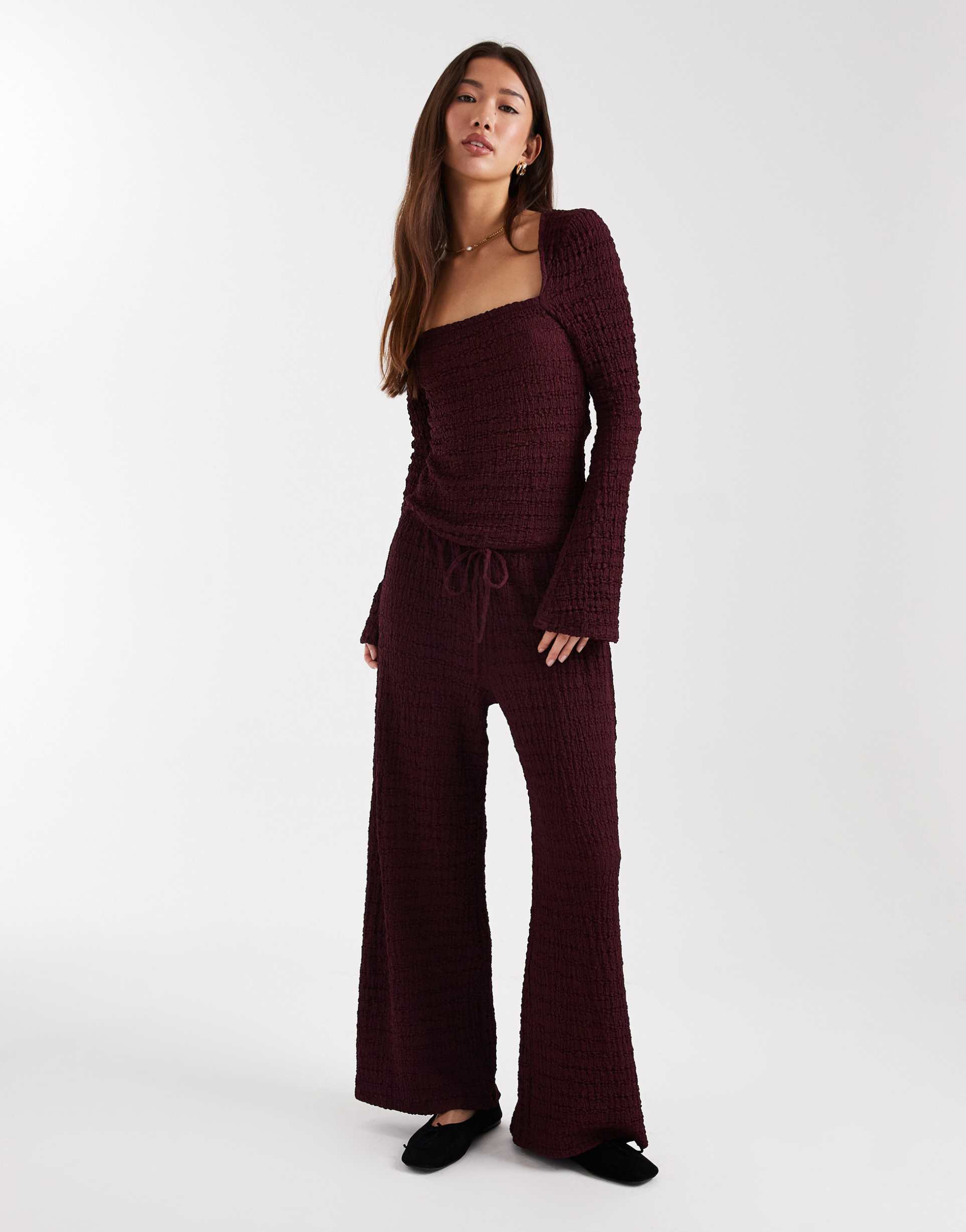 asos design mix & match textured tie waist wide leg pants in burgundy