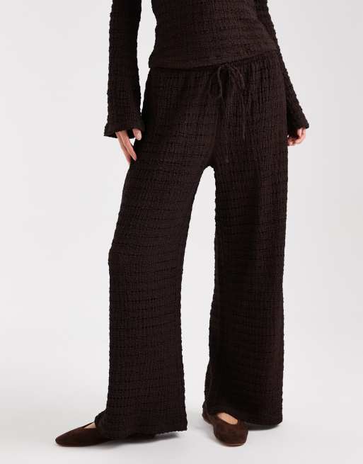 ASOS DESIGN mix & match textured tie waist wide leg pants in chocolate , 4 of 5