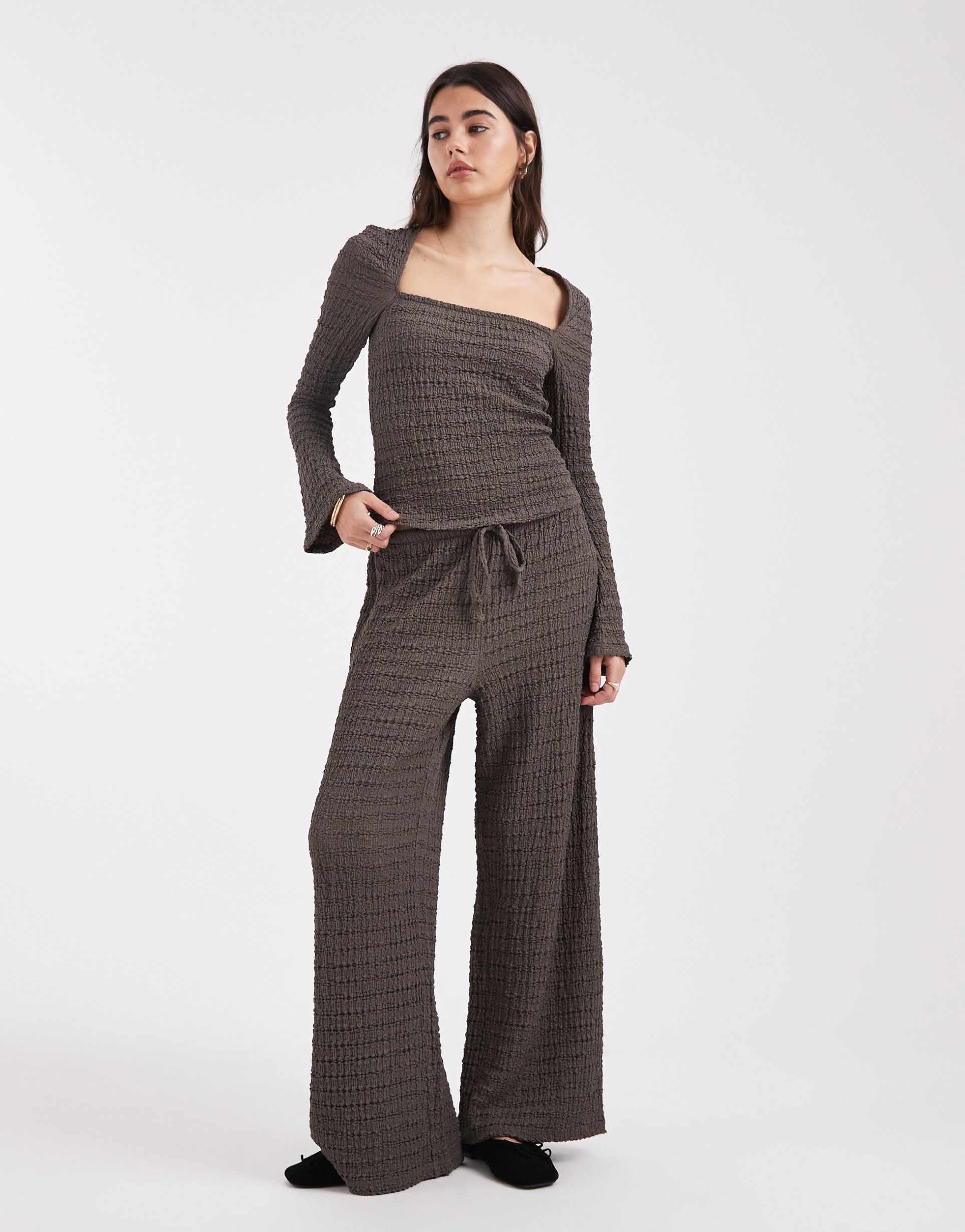asos design mix & match textured tie waist wide leg pants in dark gray