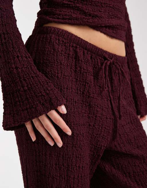 ASOS DESIGN mix & match textured tie waist wide leg trousers in burgundy , 3 of 5