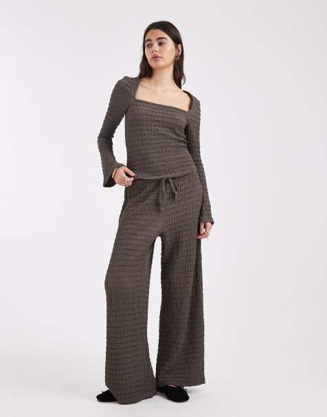 ASOS DESIGN mix & match textured tie waist wide leg trousers in dark grey - view 1