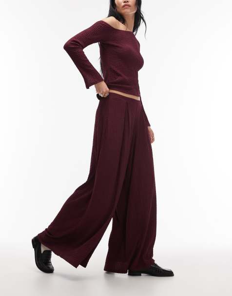 ASOS DESIGN mix & match textured wide leg pants in berry - view 1