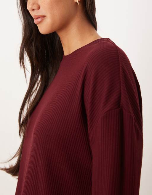 ASOS DESIGN - Mix & Match - Top a maniche lunghe bordeaux a coste con finiture in velluto, 4 di 4