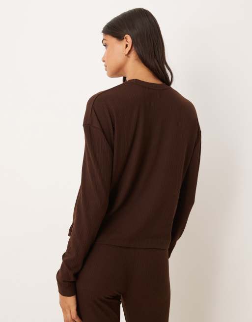 ASOS DESIGN - Mix & Match - Top a maniche lunghe marrone cioccolato a coste, 3 di 4