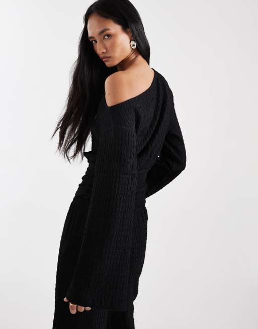 ASOS DESIGN - Mix & Match - Top a maniche lunghe monospalla stretto in vita nero testurizzato , 3 di 4