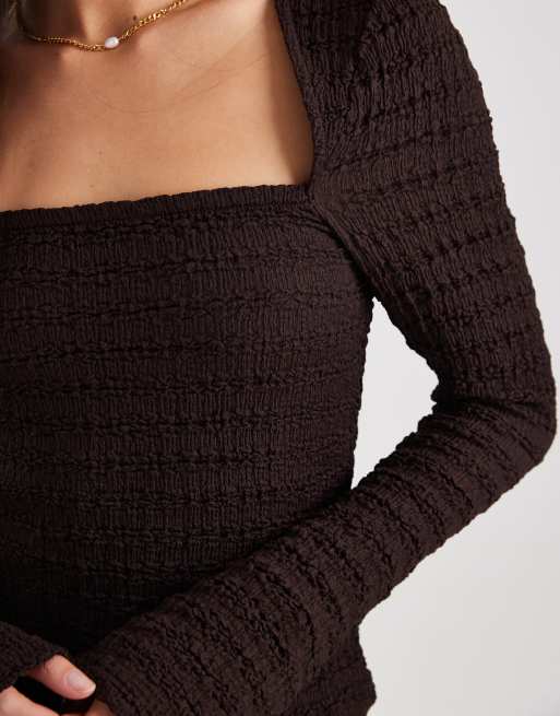ASOS DESIGN - Mix & Match - Top color cioccolato testurizzato con scollo quadrato e maniche svasate , 3 di 4