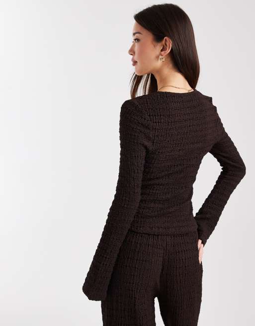 ASOS DESIGN - Mix & Match - Top color cioccolato testurizzato con scollo quadrato e maniche svasate , 4 di 4