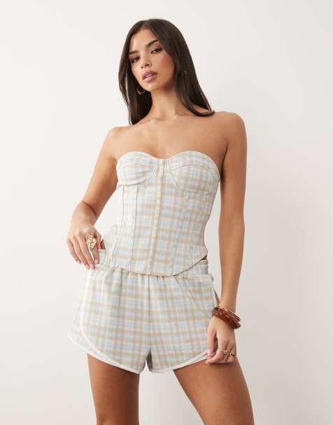 ASOS DESIGN - Mix & Match - Top corsetero a cuadros azules de tejido cepillado - view 1