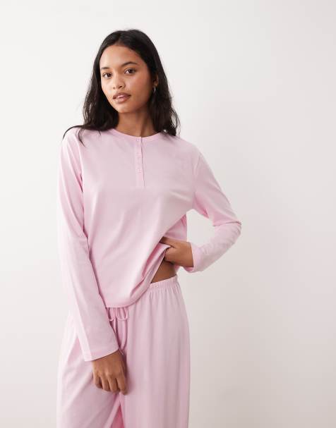 ASOS DESIGN - Mix & Match - Top del pigiama a maniche lunghe rosa confetto in cotone con collo serafino - view 1