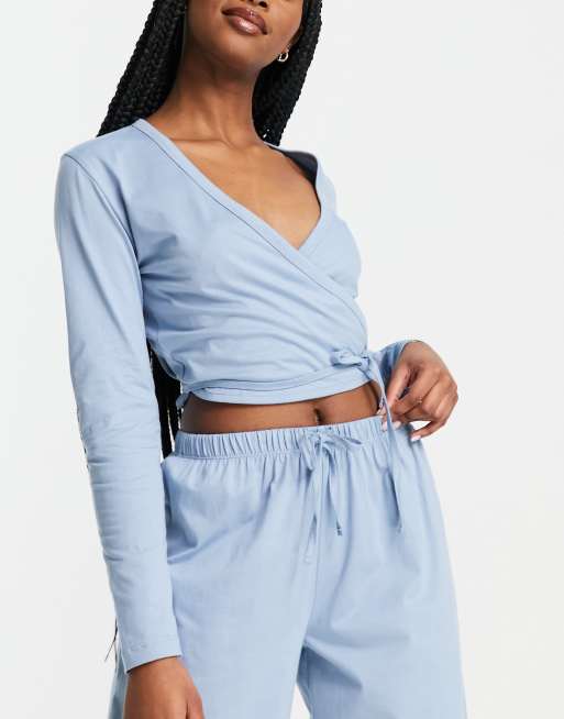 ASOS DESIGN - Mix & Match - Top del pigiama avvolgente a maniche lunghe in cotone blu - BLUE