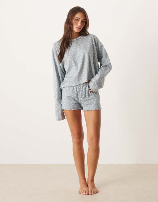 ASOS DESIGN - Mix & Match - Top del pigiama squadrato a maniche lunghe blu con stampa a fiorellini, 4 di 4