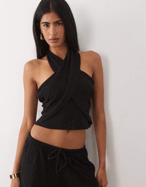 ASOS DESIGN - Mix & Match - Top en coton froissé à encolure licou croisée - Noir, 3 de 4