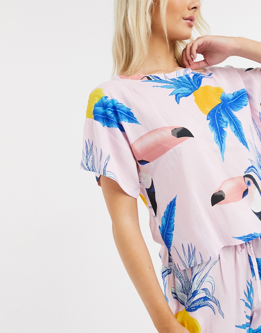 ASOS DESIGN mix & match toucan print 100% modal pajama tee in pink-Multi