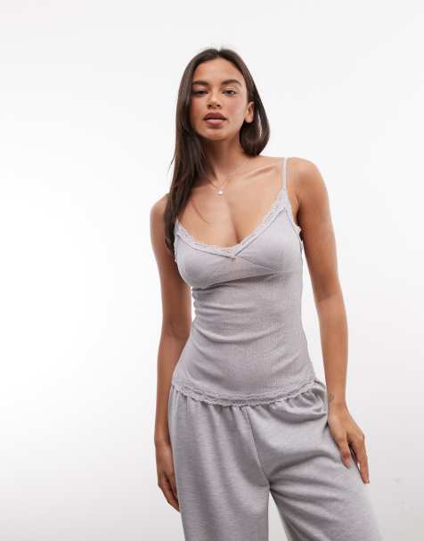 ASOS DESIGN Mix & Match transparentes Mesh-Cami mit Spitzenbesatz in Grau - view 1