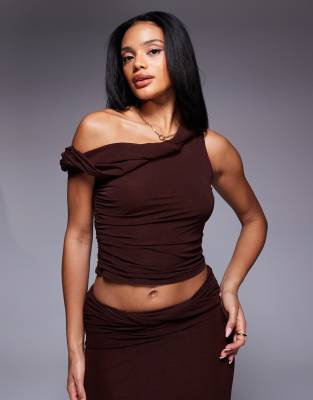 Asos Design Mix & Match Twisted Off-shoulder Top In Brown