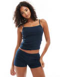 [ASOS DESIGN] ASOS DESIGN mix & match velvet trim rib boxer pyjama shorts in navy-Brown L Navy