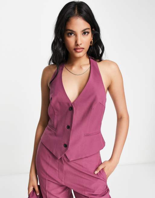 ASOS DESIGN stretch satin corset bodysuit in plum