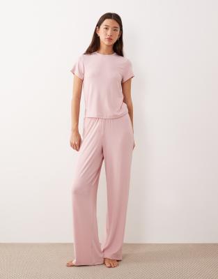 ASOS DESIGN - Mix & Match - Weiche gerippte Pyjamahose in Hellrosa mit weitem Bein-Rot