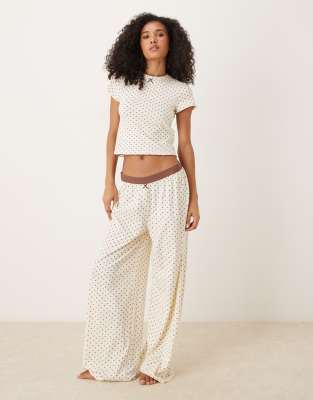 Asos Design Mix & Match Wide Leg Pajama Bottoms With Velvet Trim In White