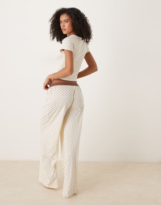 ASOS DESIGN mix & match wide leg pajama bottoms with velvet trim in cream & brown polka dot print